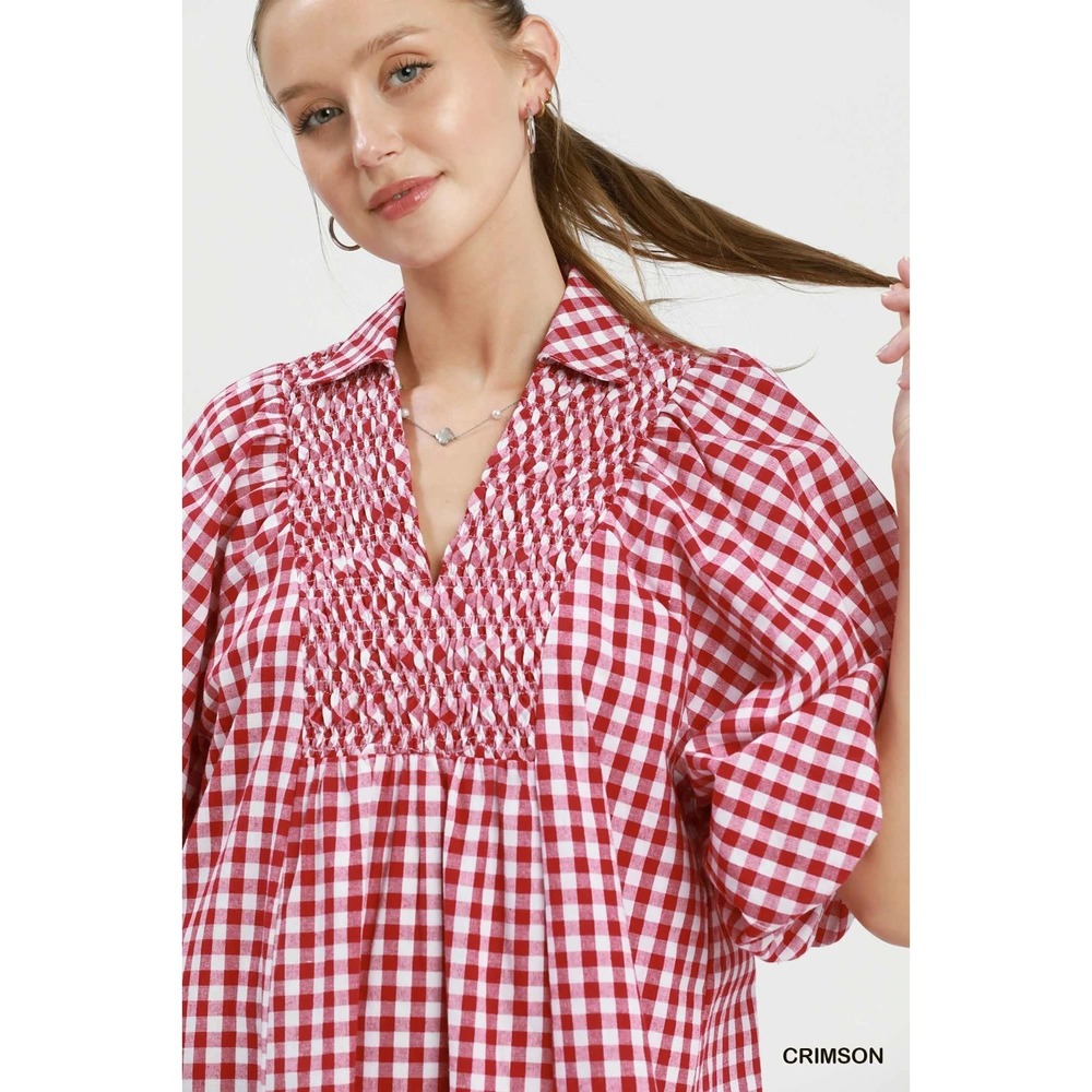 Umgee Puff Sleeve Plaid Midi Dress - Crimson - Small - Picture 5 of 5